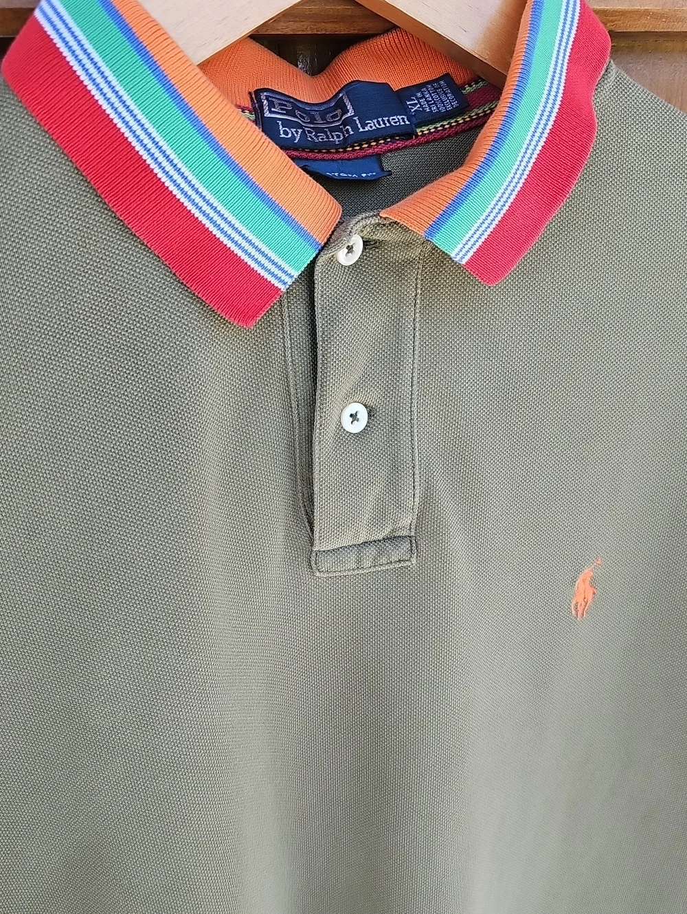 Ralph Lauren Olive Polo with Multi-Color Striped Collar